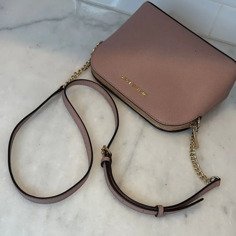 Michael Kors Crossbody Bag Purse Handbag Saffiano Leather Domed Chain-link Pink